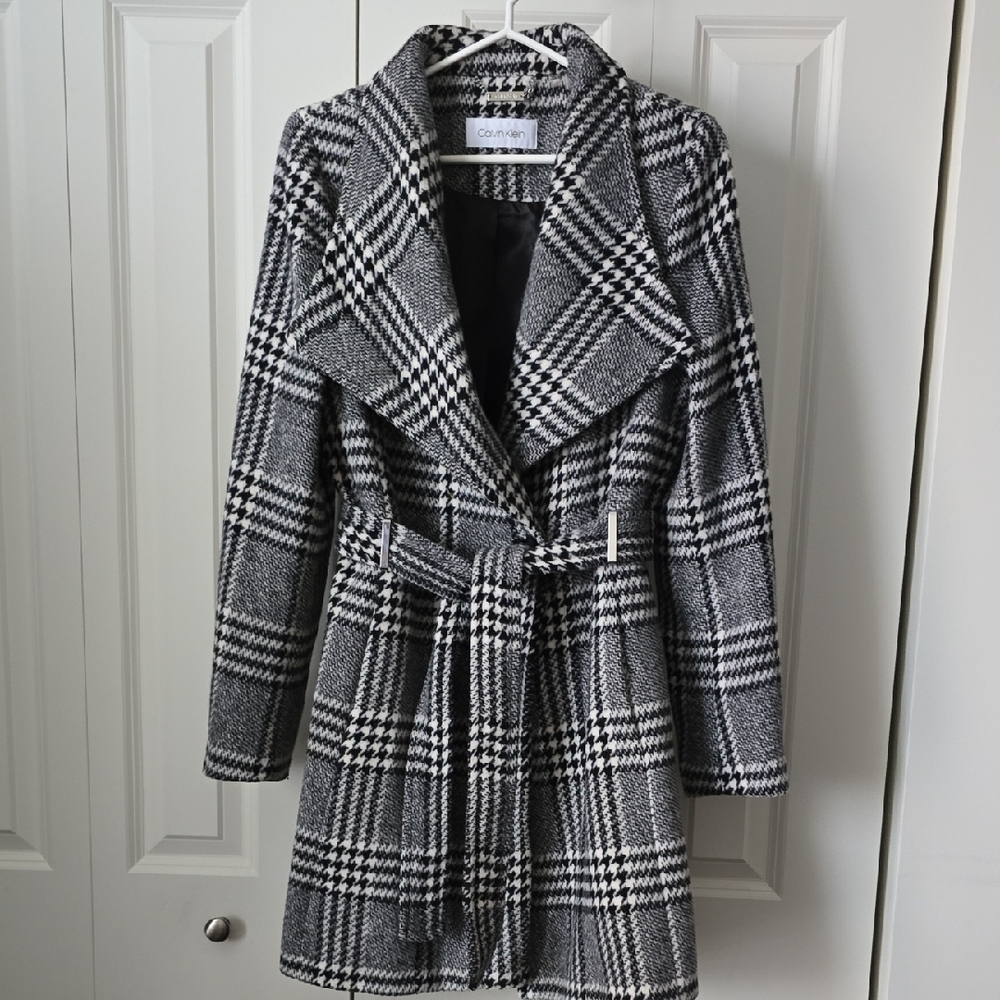 Calvin Klein Grey, White and Black, Plaid Belted, Wool Blend Coat, M